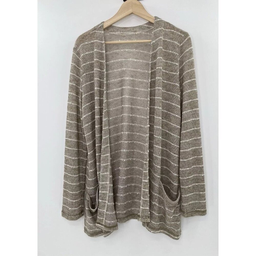 Miraclebody Beige White Stripe Stretch Knit Open Front Cardigan Coastal Size L‎
